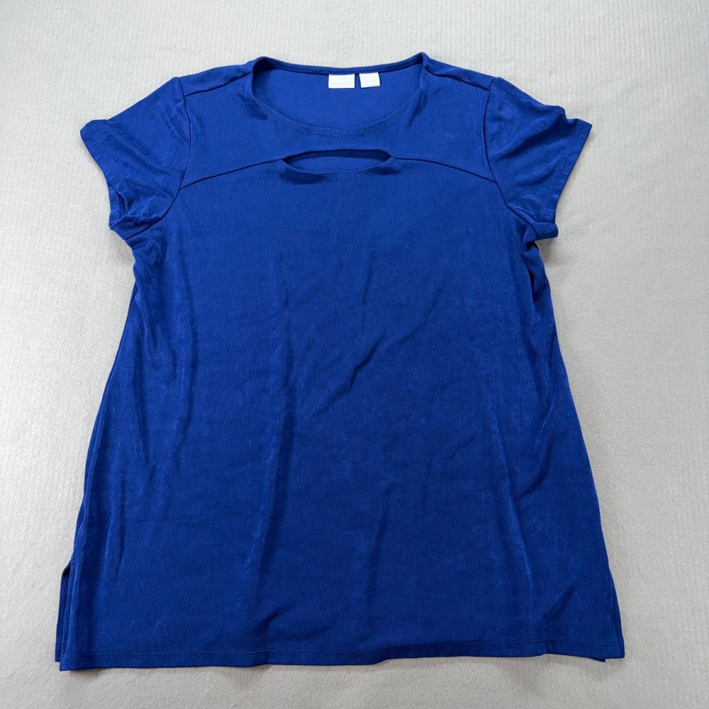 Chico's Travelers Top Womens Size 2 Blue Cutout Short Sleeve Ribbed Knit